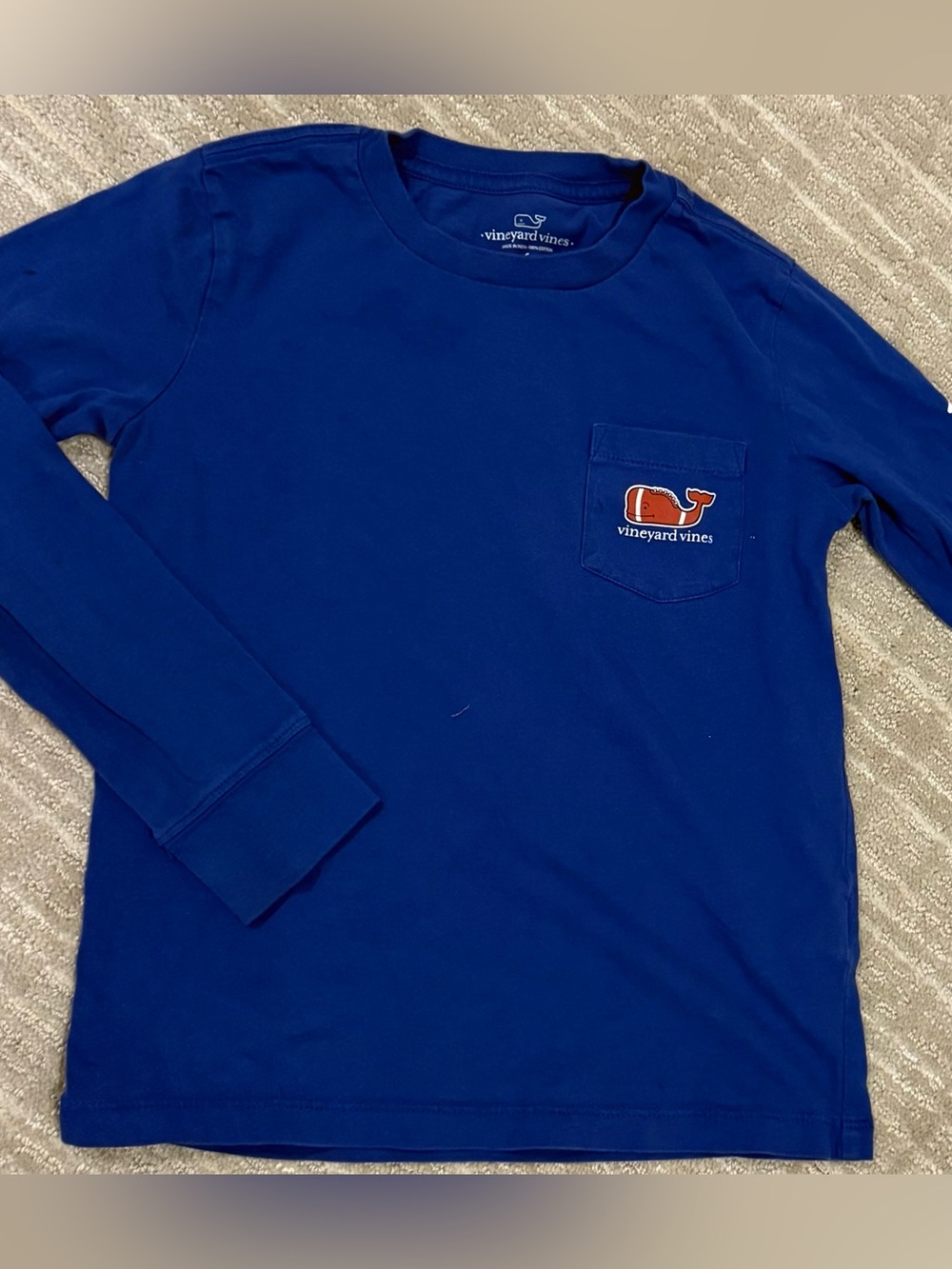Vineyard Vines Blue Long Sleeve Pocket Tee with Football Whale